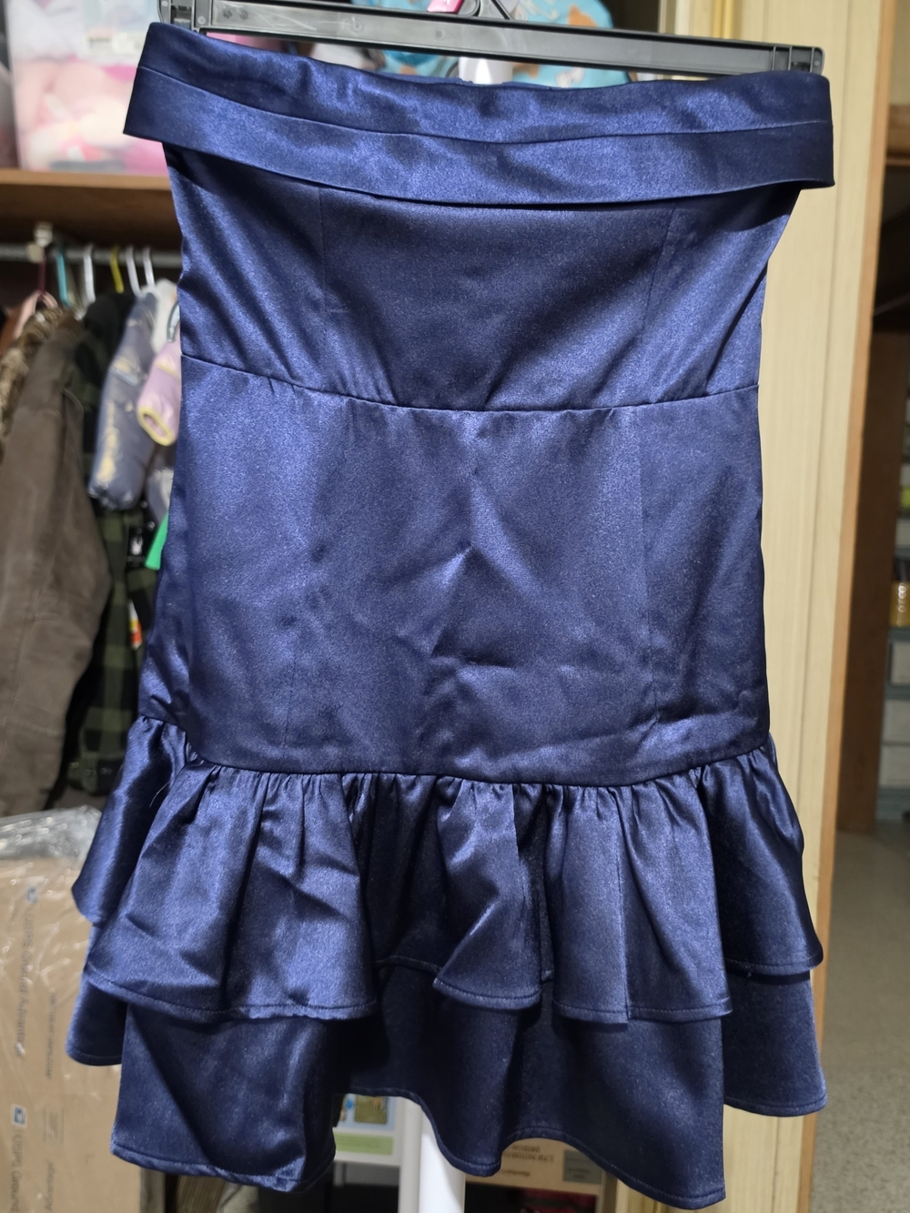 Hello Molly Navy Satin Off-Shoulder Ruffle Hem Mini Dress